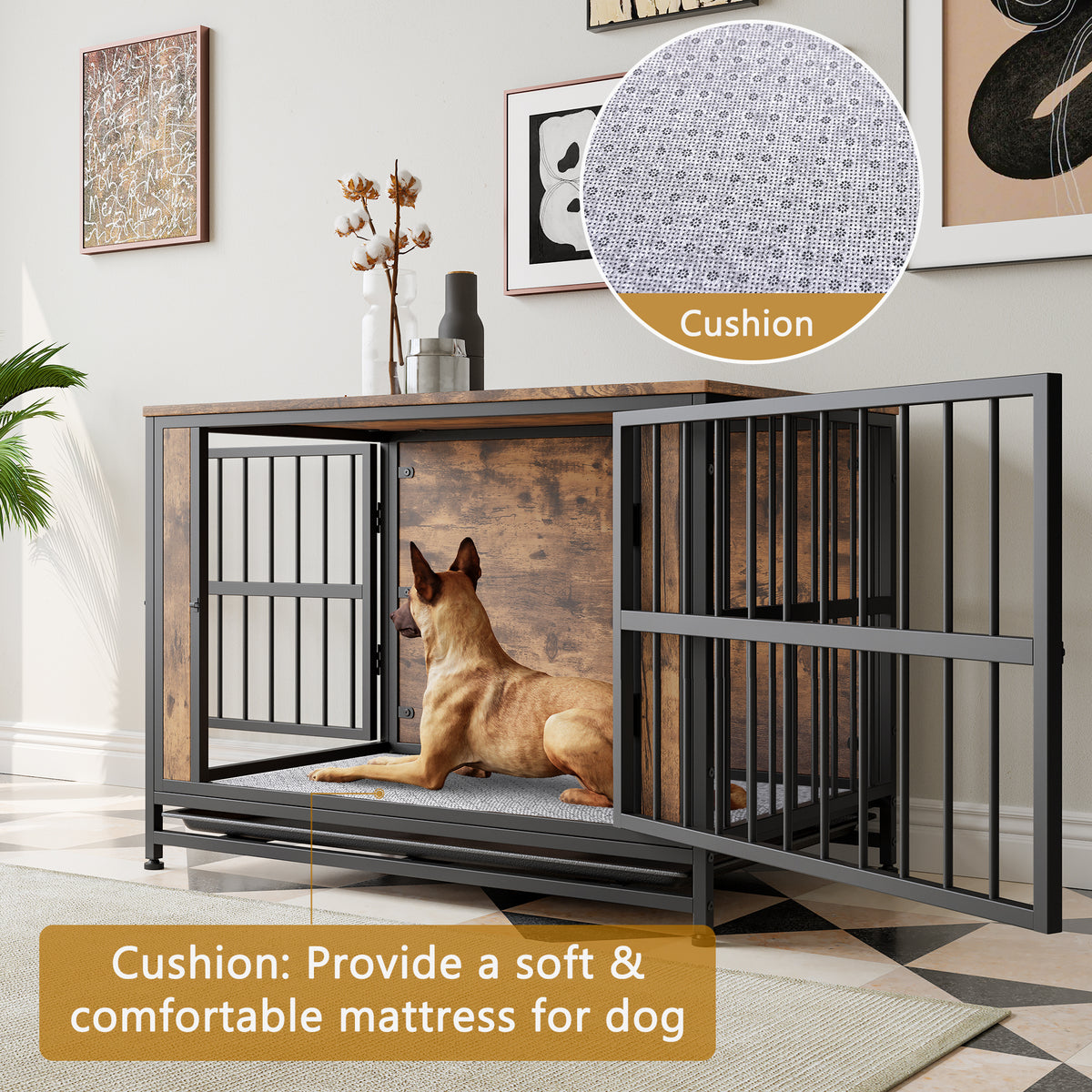 Dog Crate Furniture, Wooden Dog Crate Table, 38.9" Dog Kennel with 2 Sliding Doors and Thick Iron Door Frame, Decorative Pet Crate House for Large/Medium/Small Dog Indoor Use(Rustic Brown)