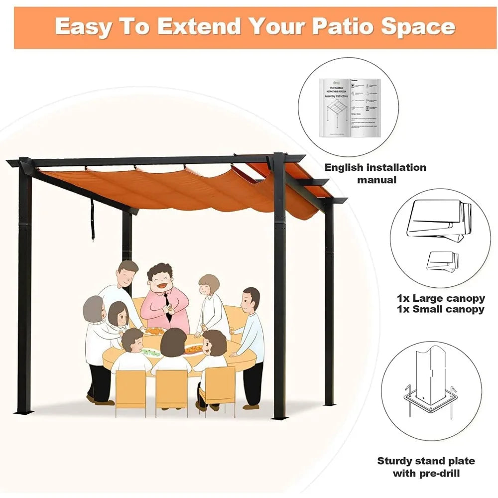 10' X 10' Outdoor Retractable Pergola with Weather-Resistant Canopy, Aluminum Patio Pergola Gazebo for BBQ, Party, Beach