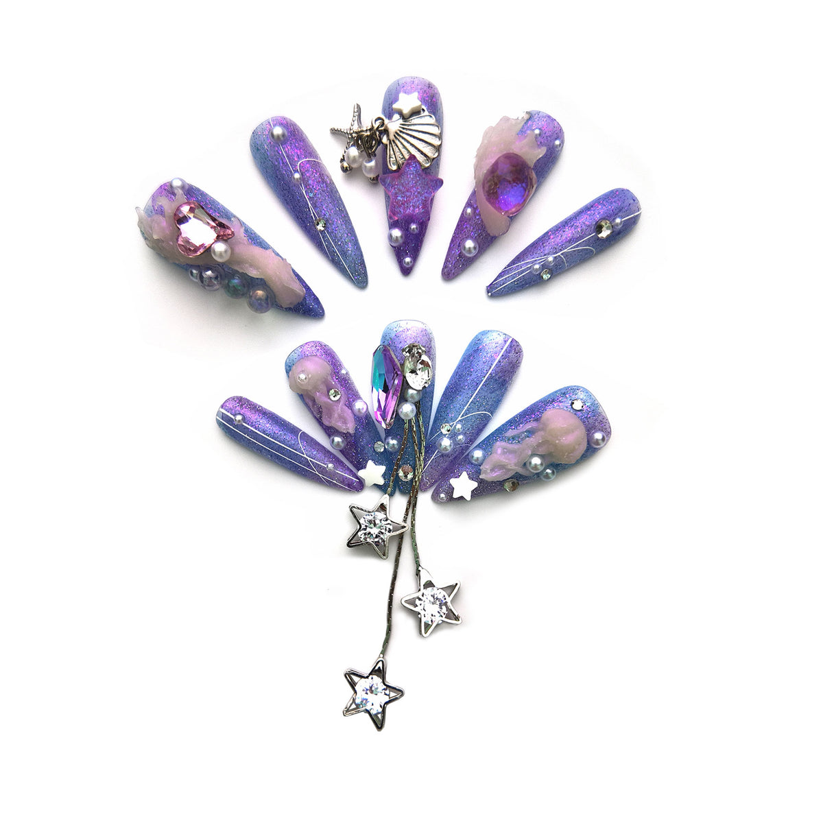 Luxury Handmade Press On Nail Baroque Style Long Pointed Nails with Diamonds, Acrylic, Faux Nail Set for Women(Mermaid's Dream, Large)