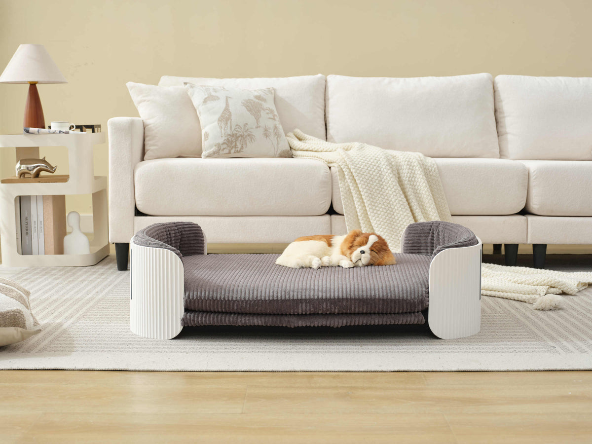 Scandinavian style Cat Couch Bed, Pet Sofa for Indoor Cats PP Indoor Pet Furniture Elevated Cat Beds with Removable Mattress Cover Suitable for Mid or Large Animal Brand Design White+Grey
