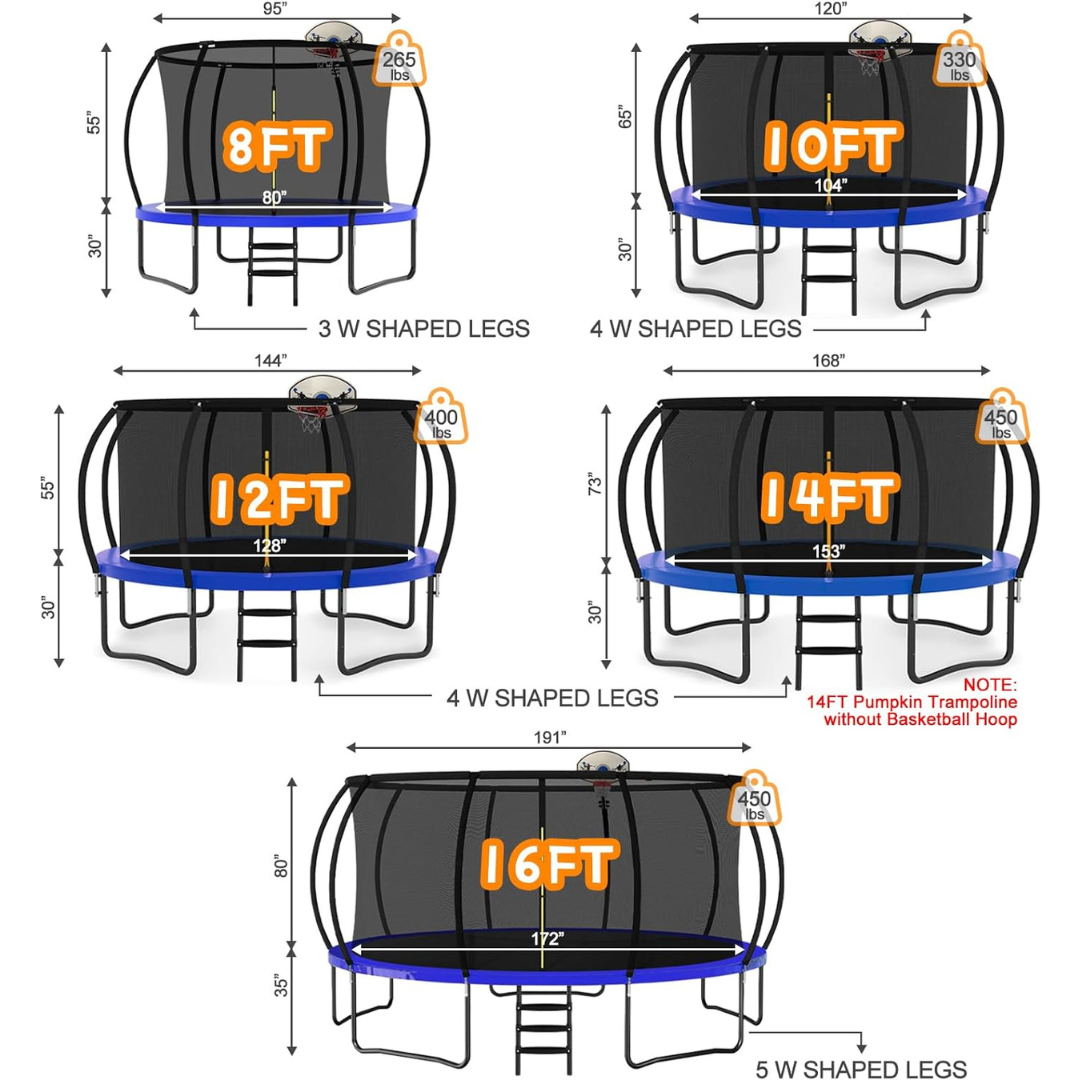 Trampoline 16FT, 12FT, 10FT, Recreational Trampolines with Enclosure Net and Ladder, Outdoor Anti-Rust Trampolines for Kids and Adults, ASTM Approved, Trampoline Outdoor with Basketball Hoop, Ladder, Rebounder Trampoline for Kids Adults with Enclosure Net