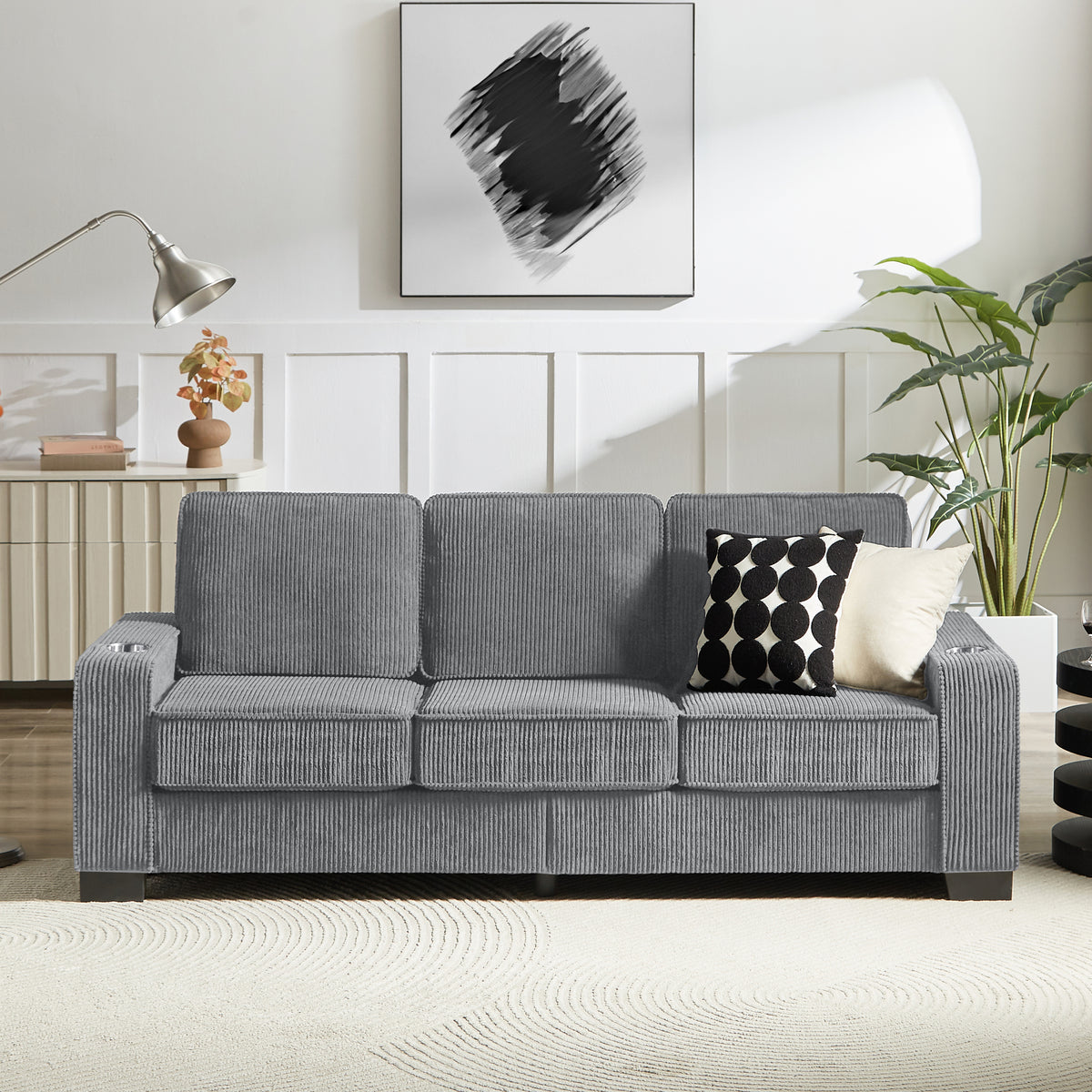 [SantaChoice] 83.86" Corduroy Fabric sofa,Modern Compressed Couch,3-Seater Sofa, Furniture for Living Room,Bedroom,office ,Gray
