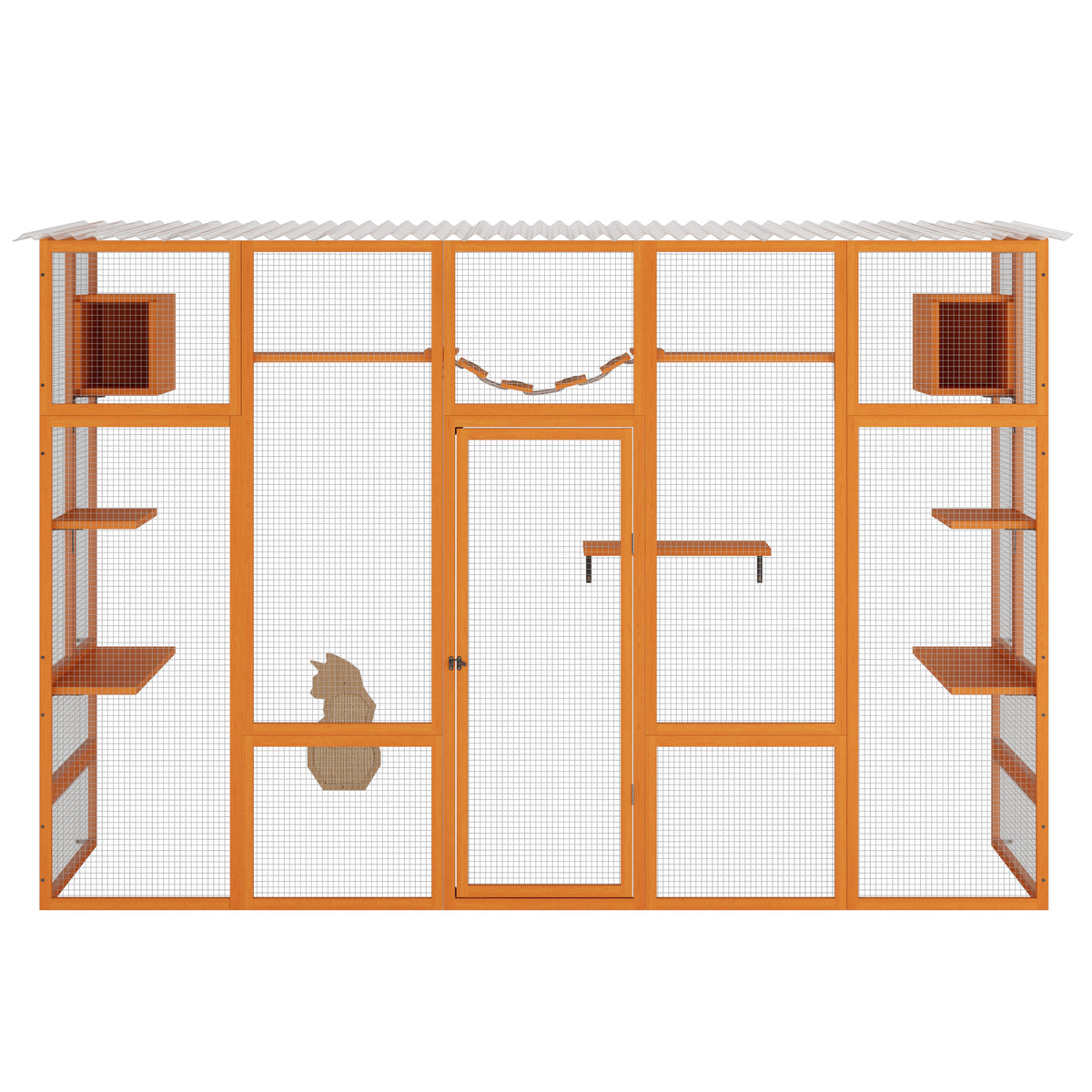 Wooden Cat Enclosure with 6 Jumping Platforms, 2 Cat Condos, Cat Bridge and Scratching Board, Orange