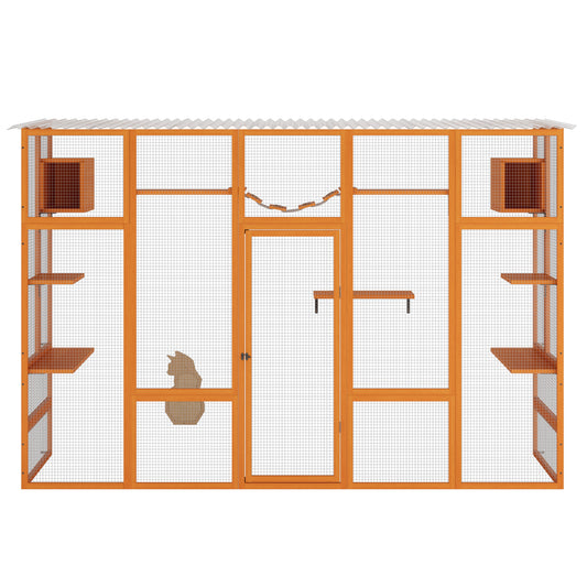 Wooden Cat Enclosure with 6 Jumping Platforms, 2 Cat Condos, Cat Bridge and Scratching Board, Orange