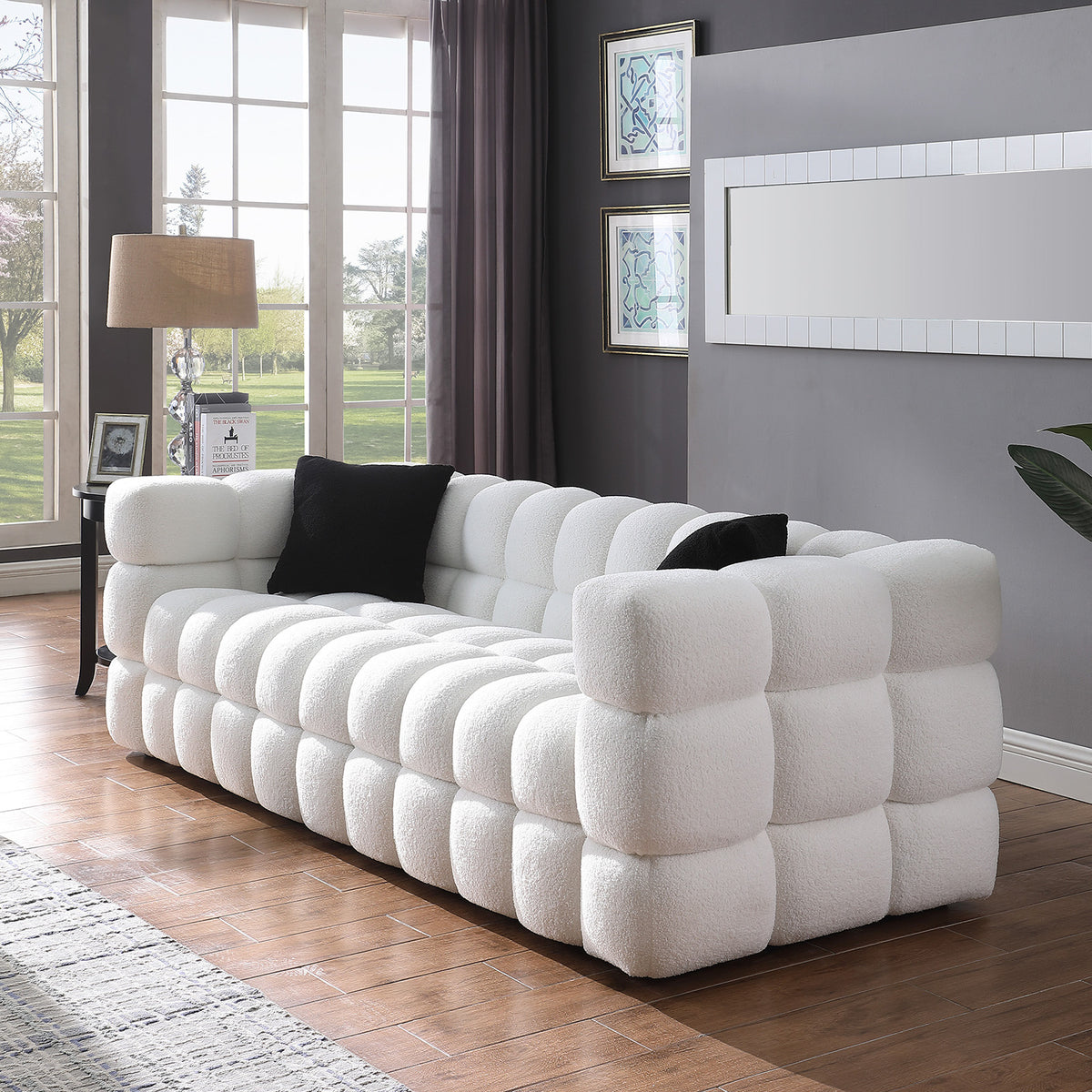 [SantaChoice] 84.3 length ,35.83" deepth ,human body structure for USA people,  marshmallow sofa,boucle sofa ,White color,3 seater