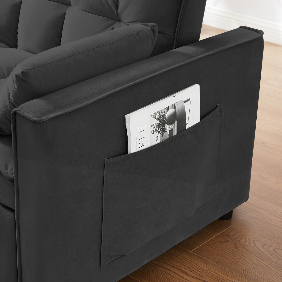 [SantaChoice] Modern Velvet Loveseat Futon Sofa Couch w/Pullout Bed,Small Love Seat Lounge Sofa w/Reclining Backrest,Toss Pillows, Pockets,Furniture for Living Room,3 in 1 Convertible Sleeper Sofa Bed, Black