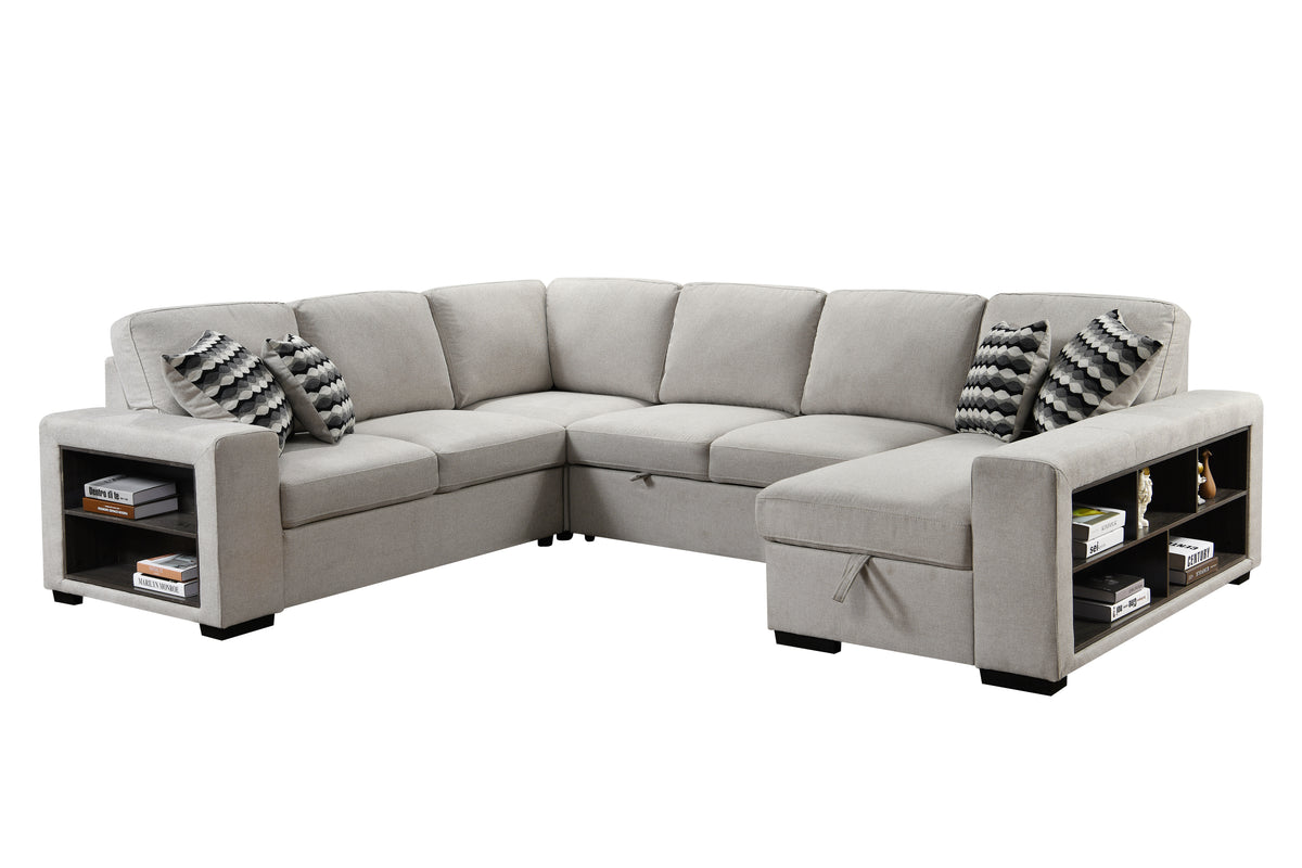 [SantaChoice] 125'' Modern U Shaped 7 Seat Sectional Sofa Couch with Cabinet,Sofa Bed with Storage Chaise-Pull Out Couch Bed for Living Room,Beige