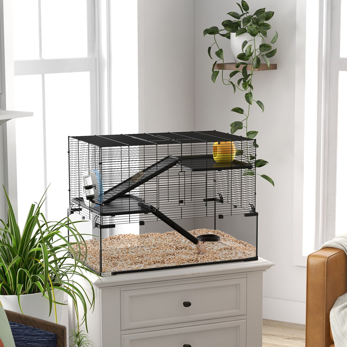 PawHut Hamster Cage, 31" Gerbil Cage with Glass Basin, Ramps, Platforms, Hut, Exercise Wheel, for Small Hamsters, Black