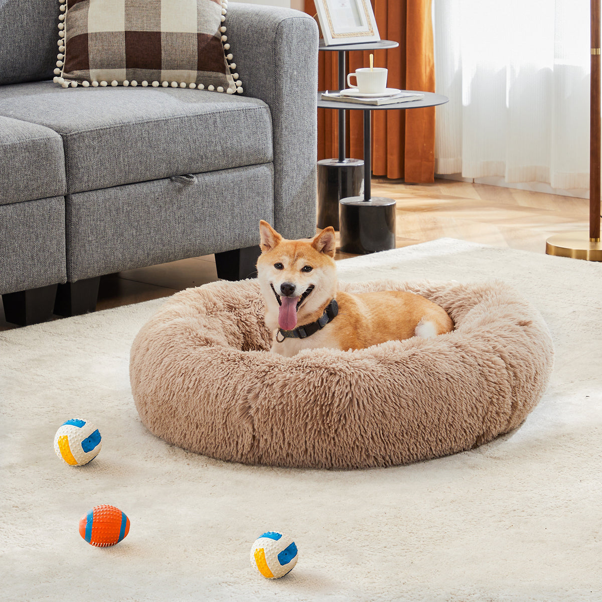 Anti-Slip Round Fluffy Plush Faux Fur Cat Bed, extra large  Brown