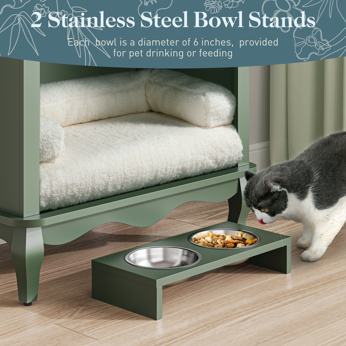 Pet Storage Cabinet with Wall Mounted Cabinet, 2 Drawers and Semi-Open Space, Hidden Cat Litter Box, Multi-Functional End Table-Green