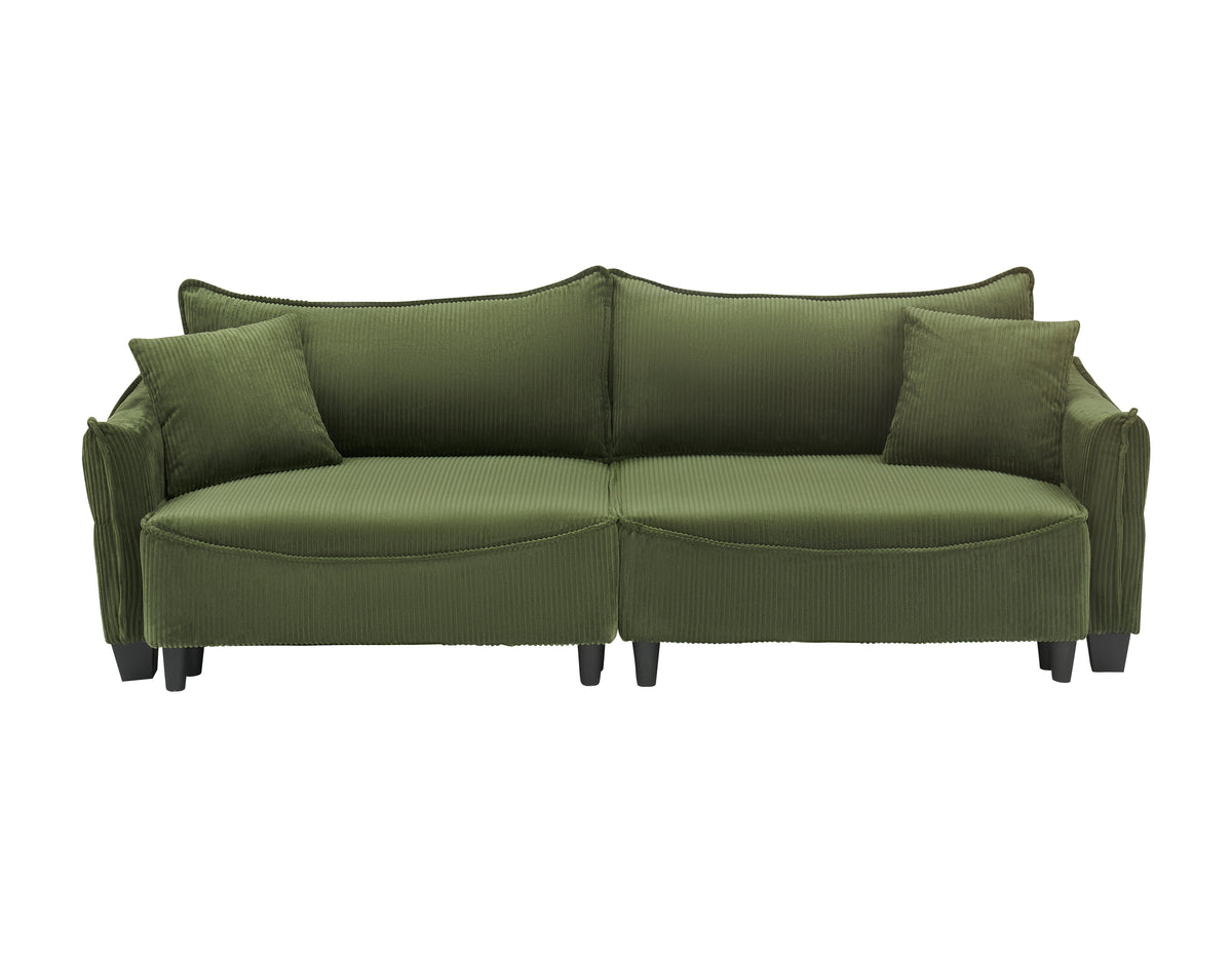 [SantaChoice] Sofa Showcasing Green Corduroy Fabric, Transformable into Sofa Bed with Two Throw Pillows: Ideal for Living Rooms & Diverse Scenes