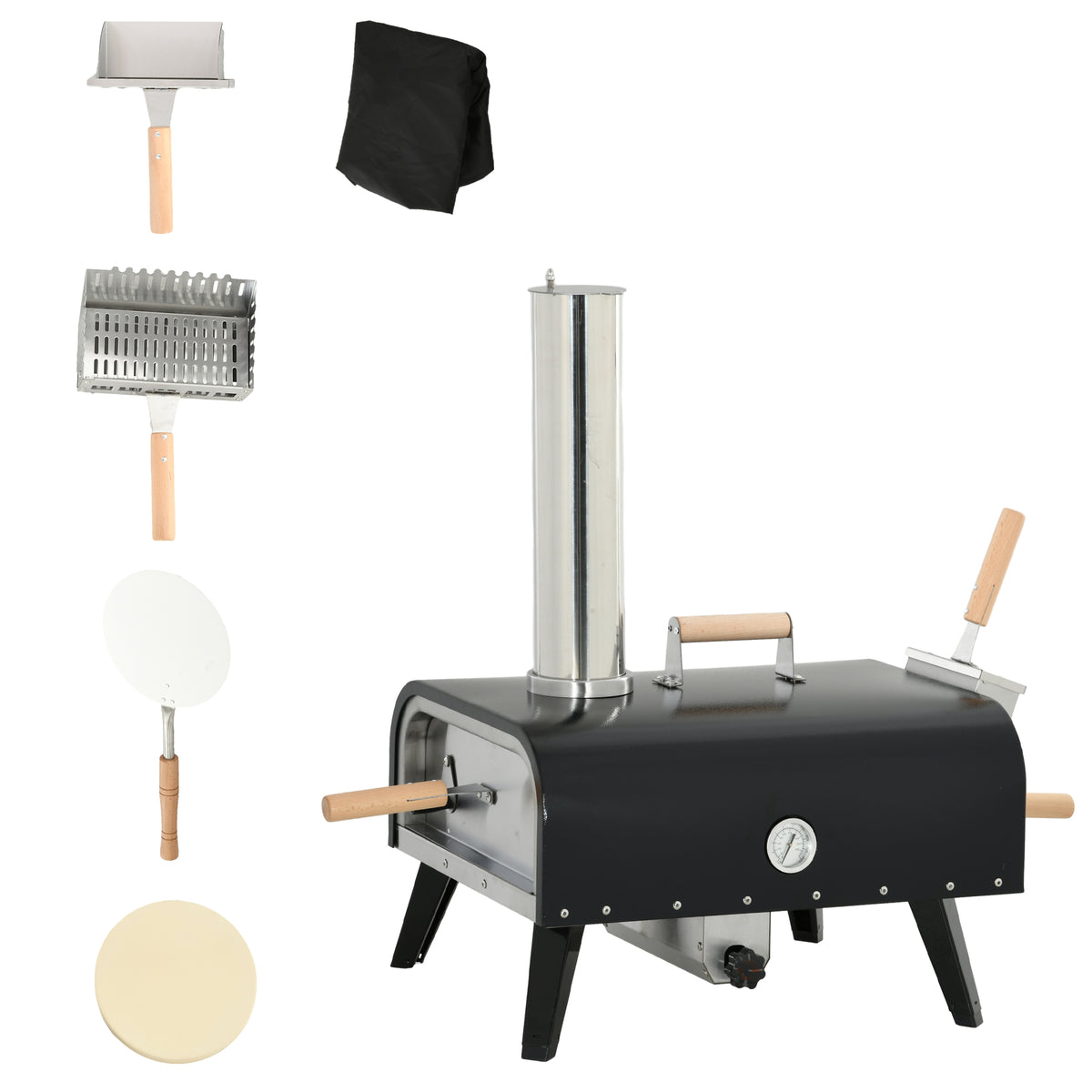 Outsunny Outdoor Pizza Oven with 12' Rotating Stone, Peel and Cover, Portable Pellet Wood Fired Pizza Maker with Foldable Legs, Stainless Steel Pizza Grill for Outside, Backyard, Outdoor Kitchen