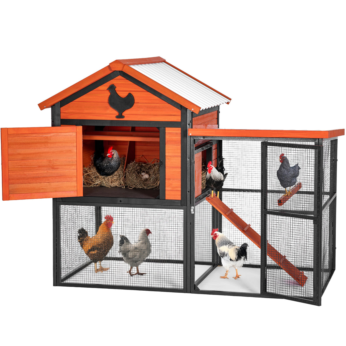Durable Wood and Iron Chicken Coop with Runway and Waterproof Roof, Suitable for 5-7 Chickens, Built-in Nesting Box