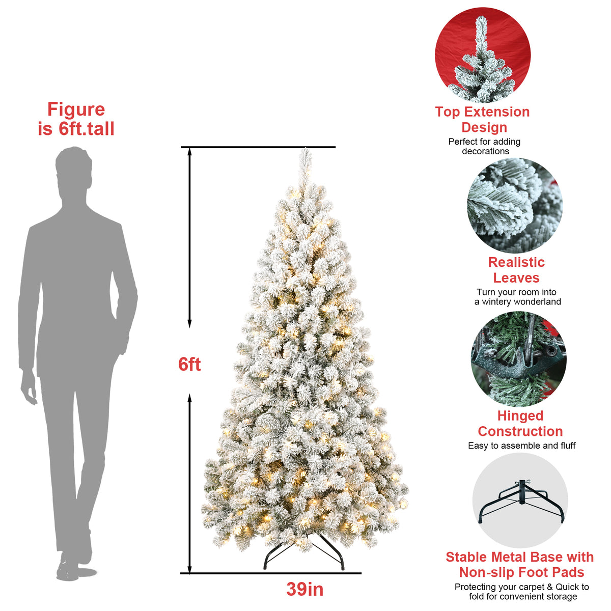 6FT Pre-lit Flocked Christmas Tree with 760 Memory Wire Tips – Effortlessly Fluffed, Perfectly Shaped, and Lit with 300 Warm  Incandescent Lights Bringing Lasting Elegance and Wase to Your Holiday