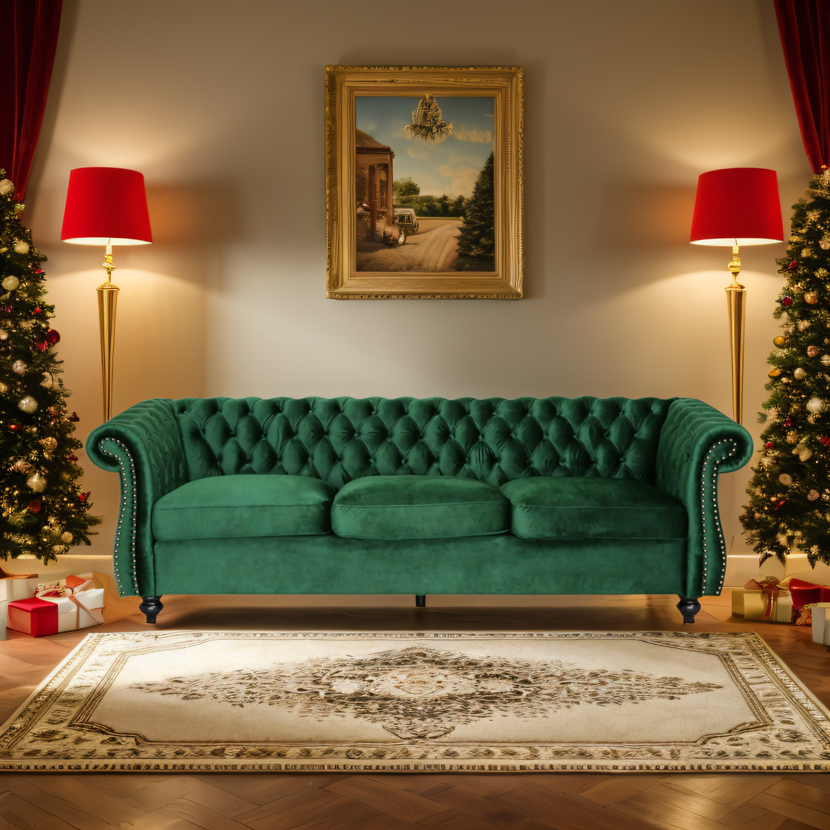 [SantaChoice] Durable 3-Seater Emerald Velvet Sofa, Combining Luxurious Comfort with Christmas Design, Perfect for Elegant Living Spaces, Featuring Plush Upholstery for Relaxation and a Touch of Sophisticated Style