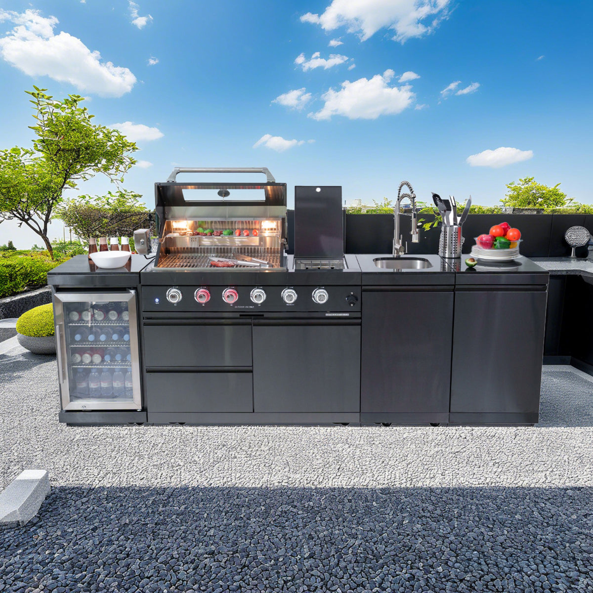 46-Inch 4-Burner 72000 BTU Deluxe Stainless Steel Gas Outdoor Kitchen Bar Barbecue Island Grill + Wine Cooler Compact Refrigerator + Rotisserie kit + Granite Countertops + Stainless steel Sink