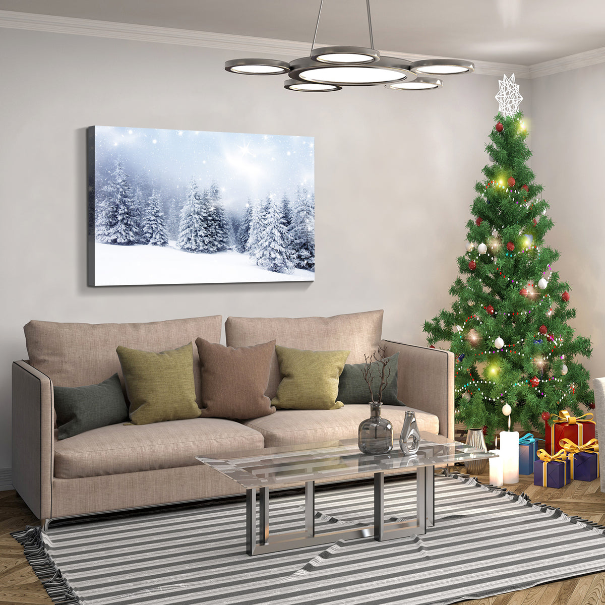 Framed Canvas Wall Art Decor Painting For Chrismas, Winter Pine Forest Chrismas Gift Painting For Chrismas Gift, Decoration For Chrismas Eve  Living Room, Bedroom Decor-3624in-Thickness 1.5inch
