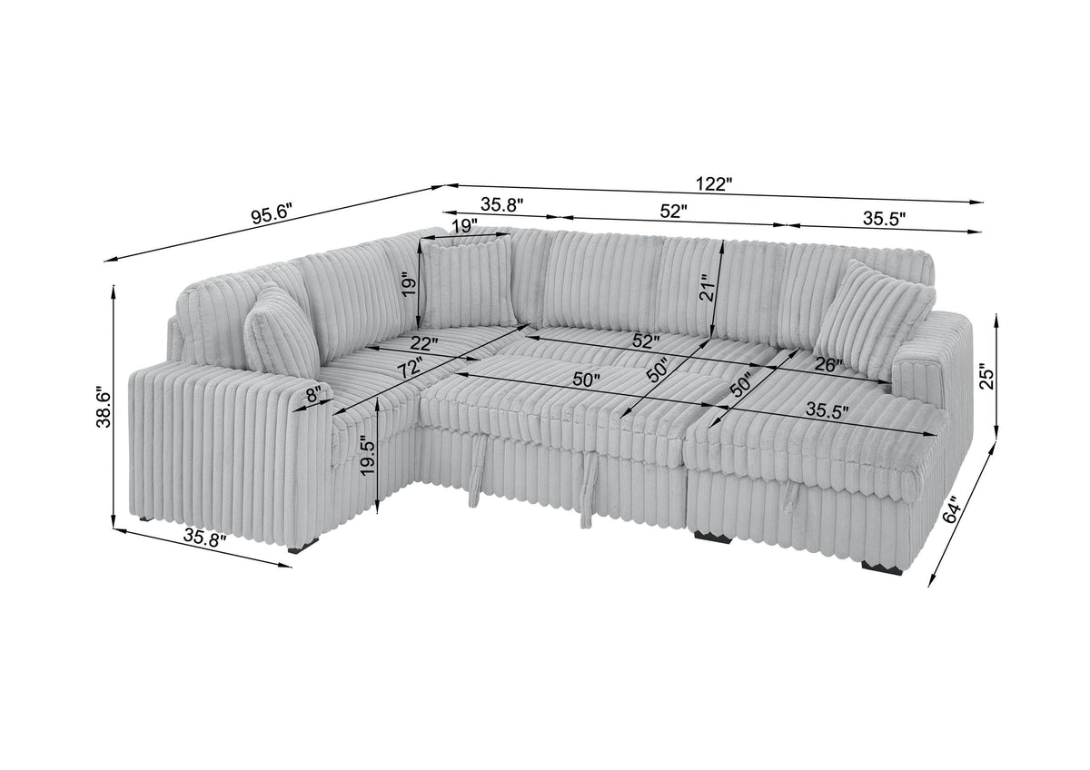 [SantaChoice] 122 Inch Pull Out Couch, Rabbit plush Fabric Sofa Bed with USB Ports & Comfy Upholstered, Oversized U Shape Sectional Sleeper Sofa Bed with Storage Chaise, Grey