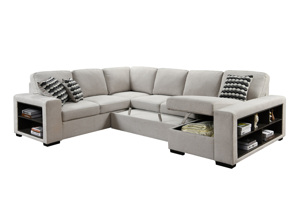 [SantaChoice] 125'' Modern U Shaped 7 Seat Sectional Sofa Couch with Cabinet,Sofa Bed with Storage Chaise-Pull Out Couch Bed for Living Room,Beige
