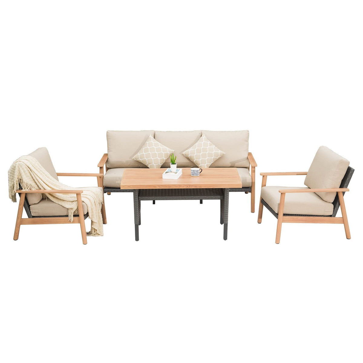 Outdoor Wicker Patio Furniture Sets 4 Pieces, All-Weather Aluminum Rattan Padded Sofa Patio Conversation Sets with 2 Pillows for Porch Deck Garden(Khaki