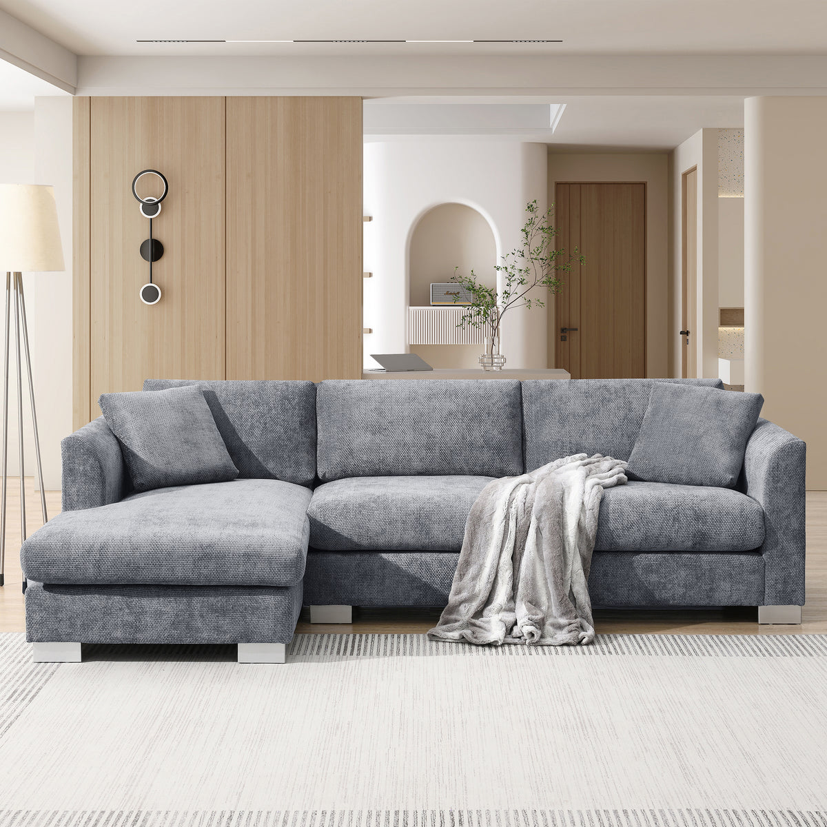[SantaChoice] 96*56" Modern Cloud Sectional Sofa,L-shaped Luxury Couch Set with 2 Free pillows,4-seat Chenille Indoor Furniture with Oversized Chaise for Living Room,Apartment,Office,3 Colors