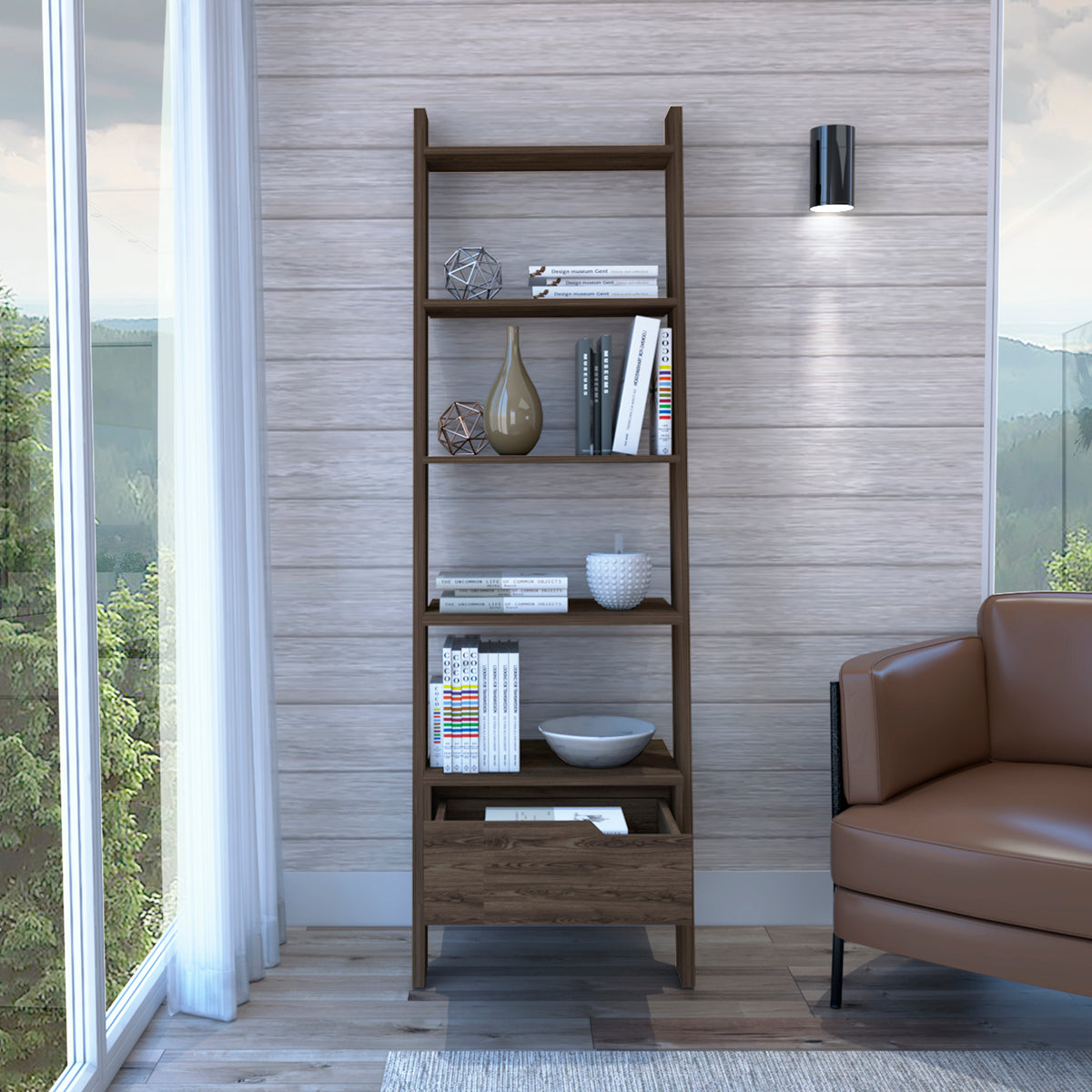 Oslo Ladder Bookcase, Four Legs, One Drawer, Five Open Shelves -Dark Walnut