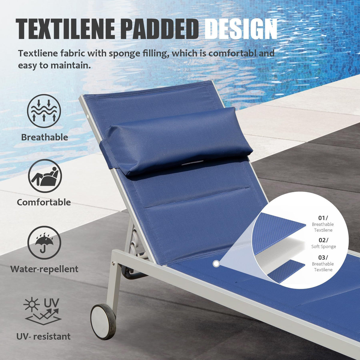 [SantaChoice] Outdoor Patio Chaise Lounge Set of 3, Aluminum Pool Lounge Chairs with Side Table and Wheels, Textilene Padded Adjustable Recliner All Weather for Poolside, Beach, Yard, Balcony (Navy Blue)