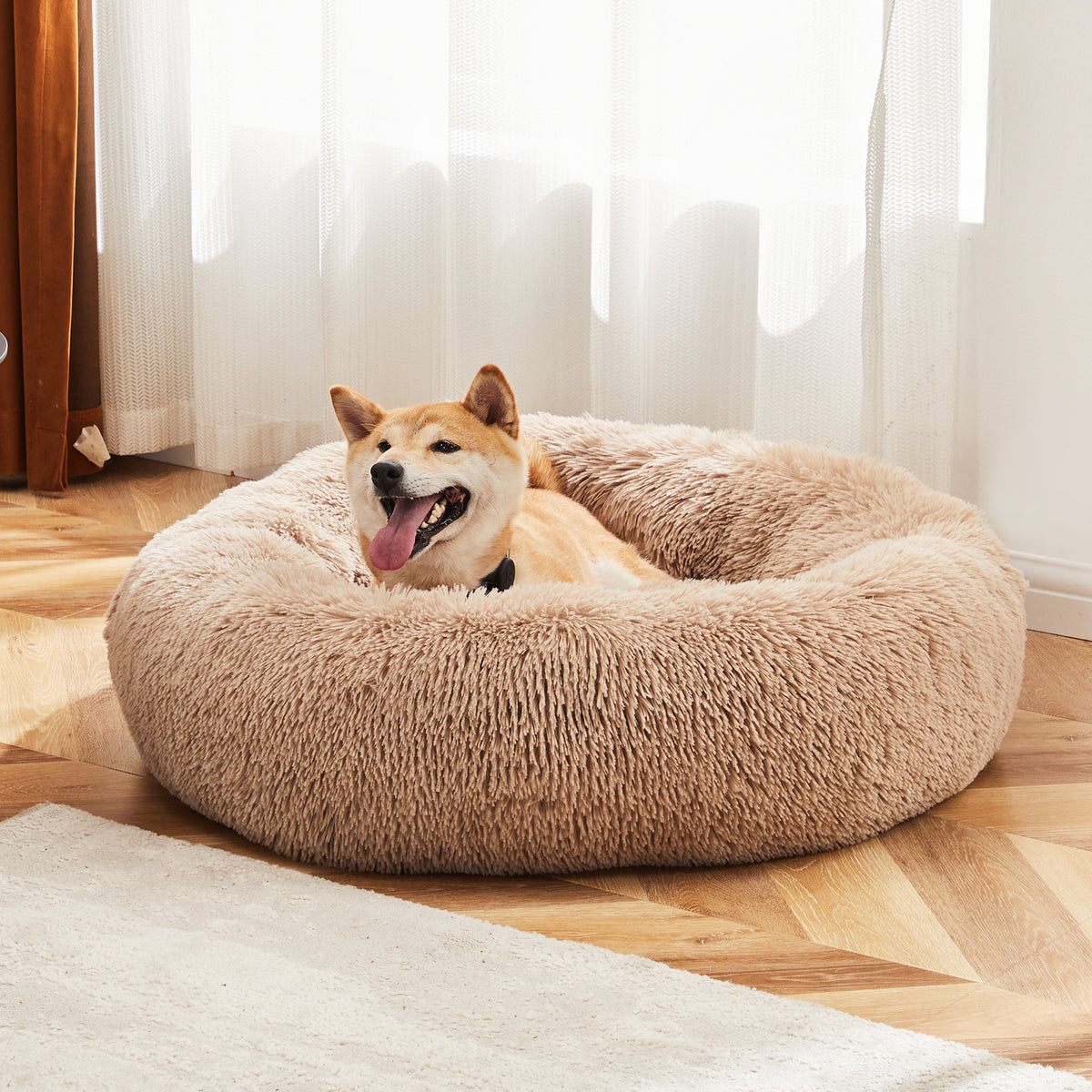 Anti-Slip Round Fluffy Plush Faux Fur Cat Bed, extra large  Brown