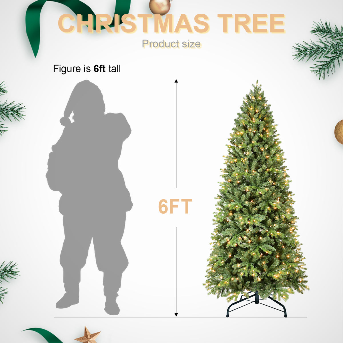 9Ft Pre-Lit Slim Christmas Tree, Green, Fir Xmas 'Feel Real' Artificial Tree, White Lights, Metal Hinged, Foldable Base