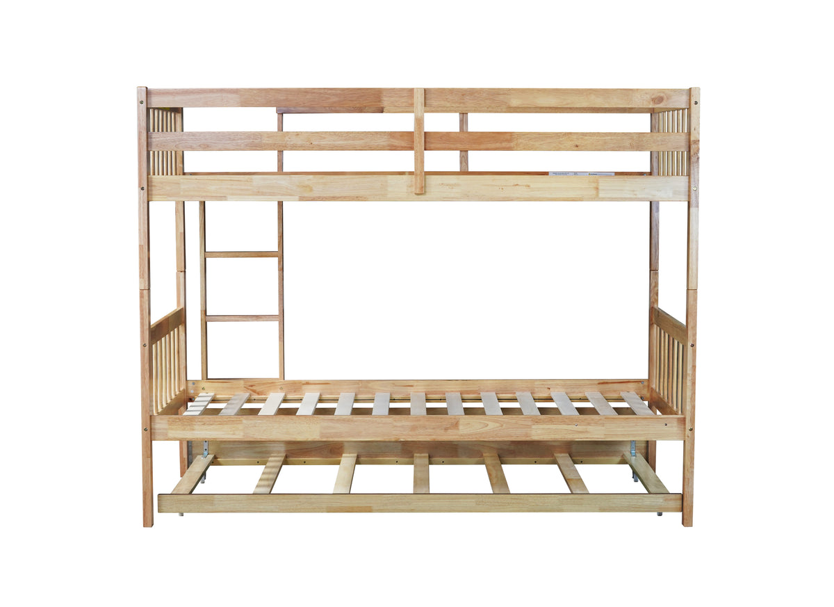 Twin Over Twin Rubber Wood Bunk Bed with Trundle, Convertible into 2 Twin Size Beds, Twin Size Bunk Bed with Ladder and Safety Guardrails,Natural