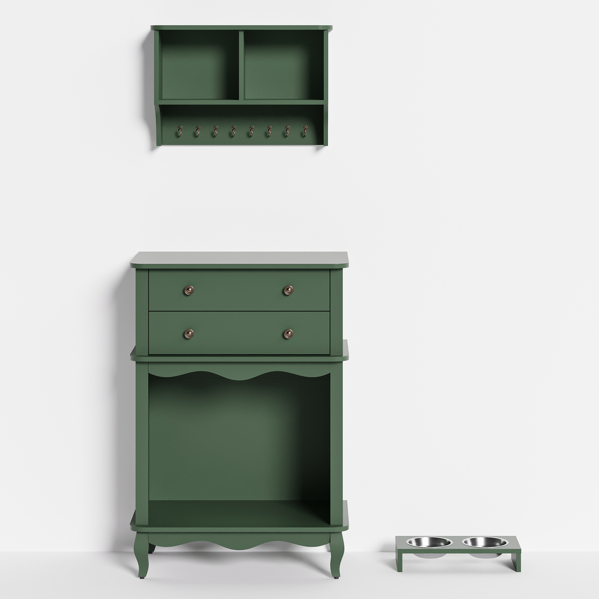 Pet Storage Cabinet with Wall Mounted Cabinet, 2 Drawers and Semi-Open Space, Hidden Cat Litter Box, Multi-Functional End Table-Green