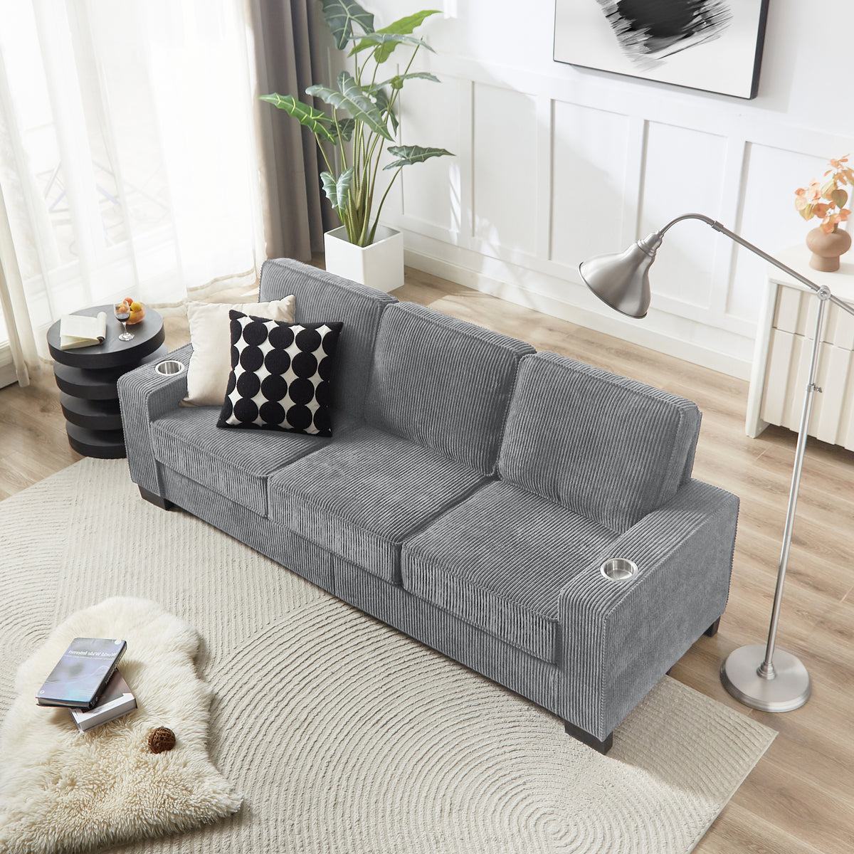 [SantaChoice] 83.86" Corduroy Fabric sofa,Modern Compressed Couch,3-Seater Sofa, Furniture for Living Room,Bedroom,office ,Gray