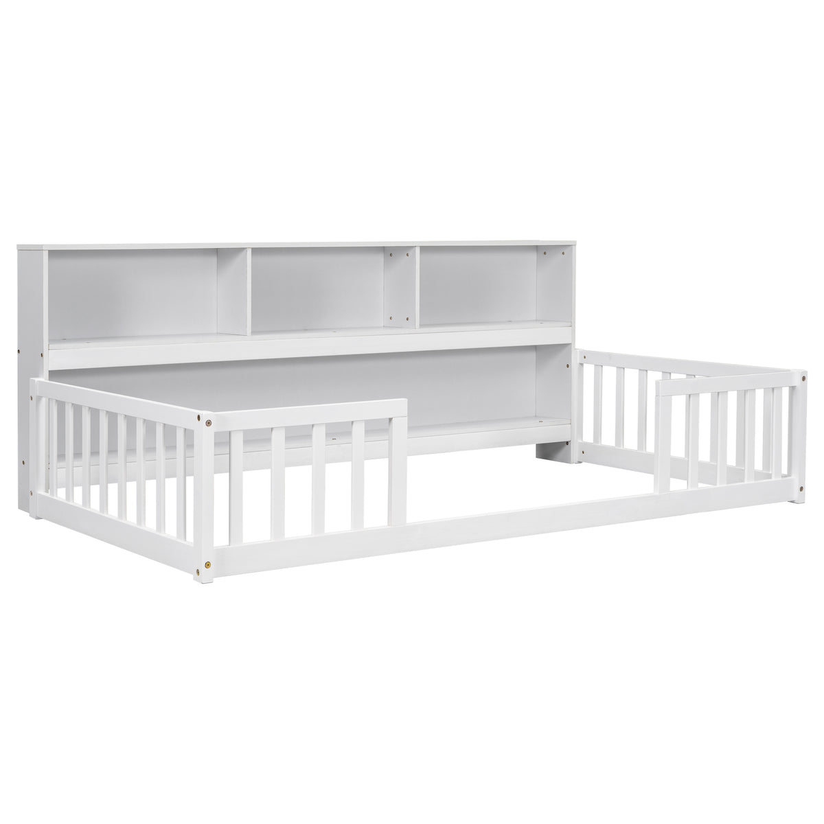 Twin Floor Bed with  Bedside Bookcase,Shelves,Guardrails,White
