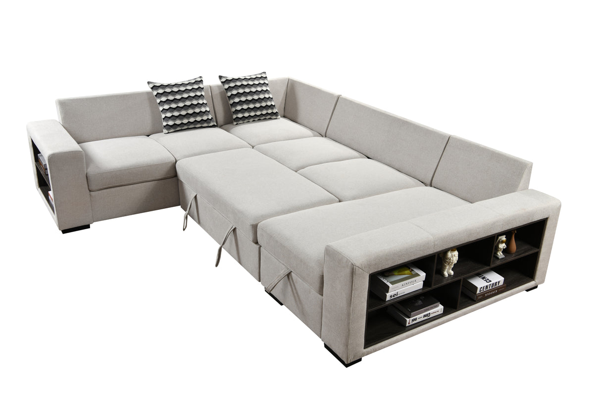 [SantaChoice] 125'' Modern U Shaped 7 Seat Sectional Sofa Couch with Cabinet,Sofa Bed with Storage Chaise-Pull Out Couch Bed for Living Room,Beige