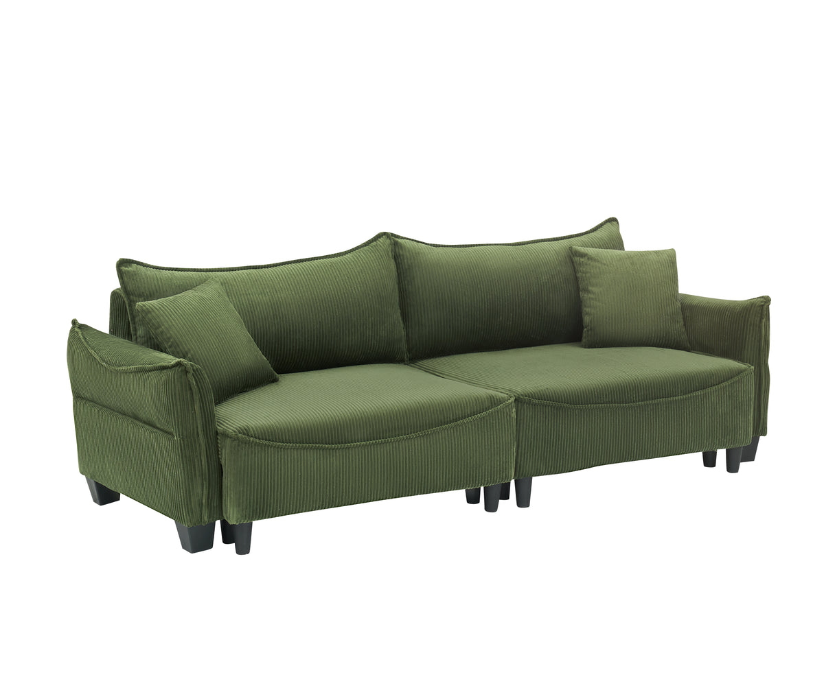 [SantaChoice] Sofa Showcasing Green Corduroy Fabric, Transformable into Sofa Bed with Two Throw Pillows: Ideal for Living Rooms & Diverse Scenes