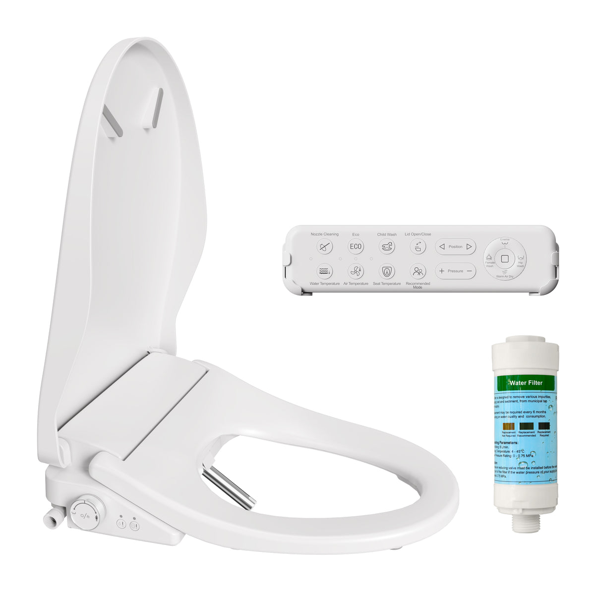 Smart Bidet Toilet Seat with Side Knob Adjustable Heated Seat with Water Temperature and Pressure Adjustment Portable Bidet with Automatic Nozzle Cleaning and Sensor Open Lid