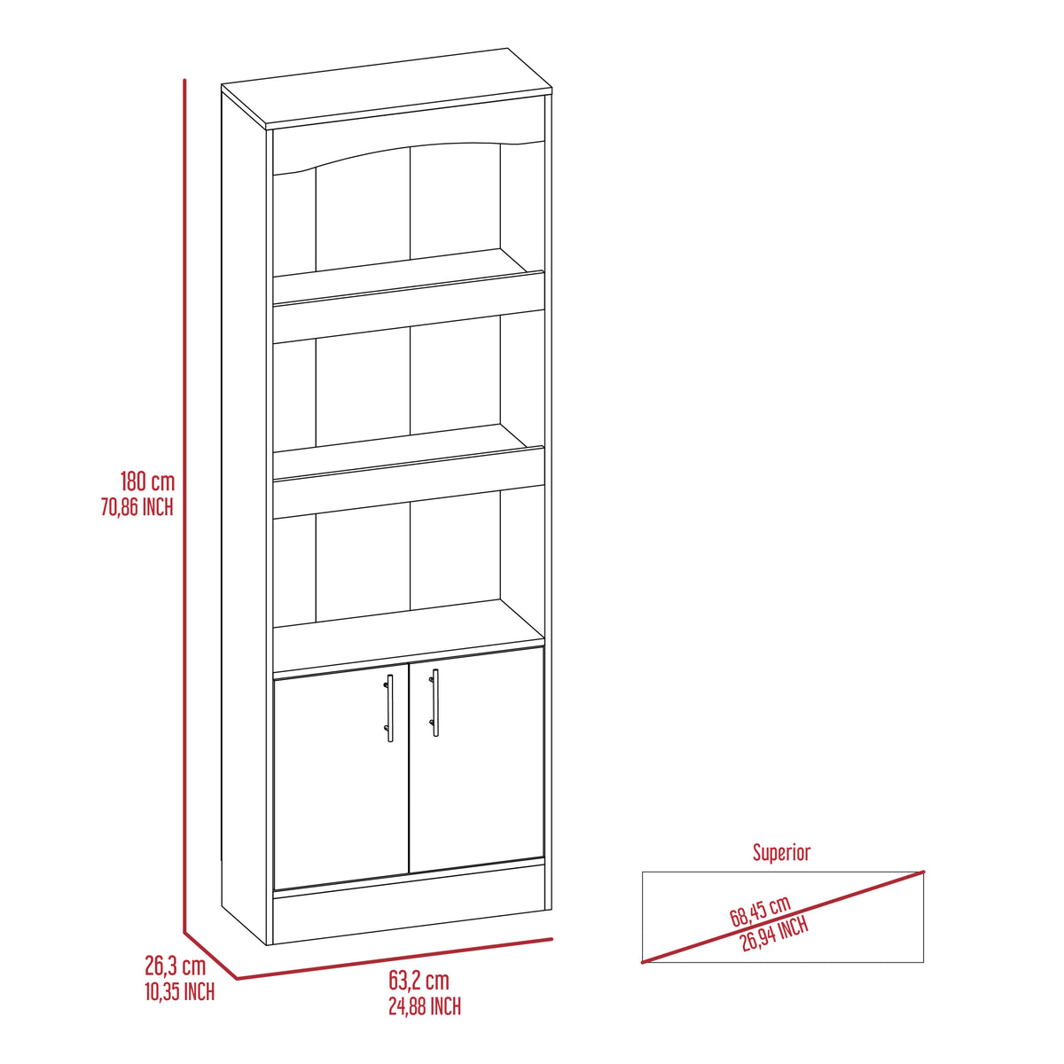 Simma Bookcase, Metal Hardware, Three Shelves, Double Door Cabinet -Light Gray