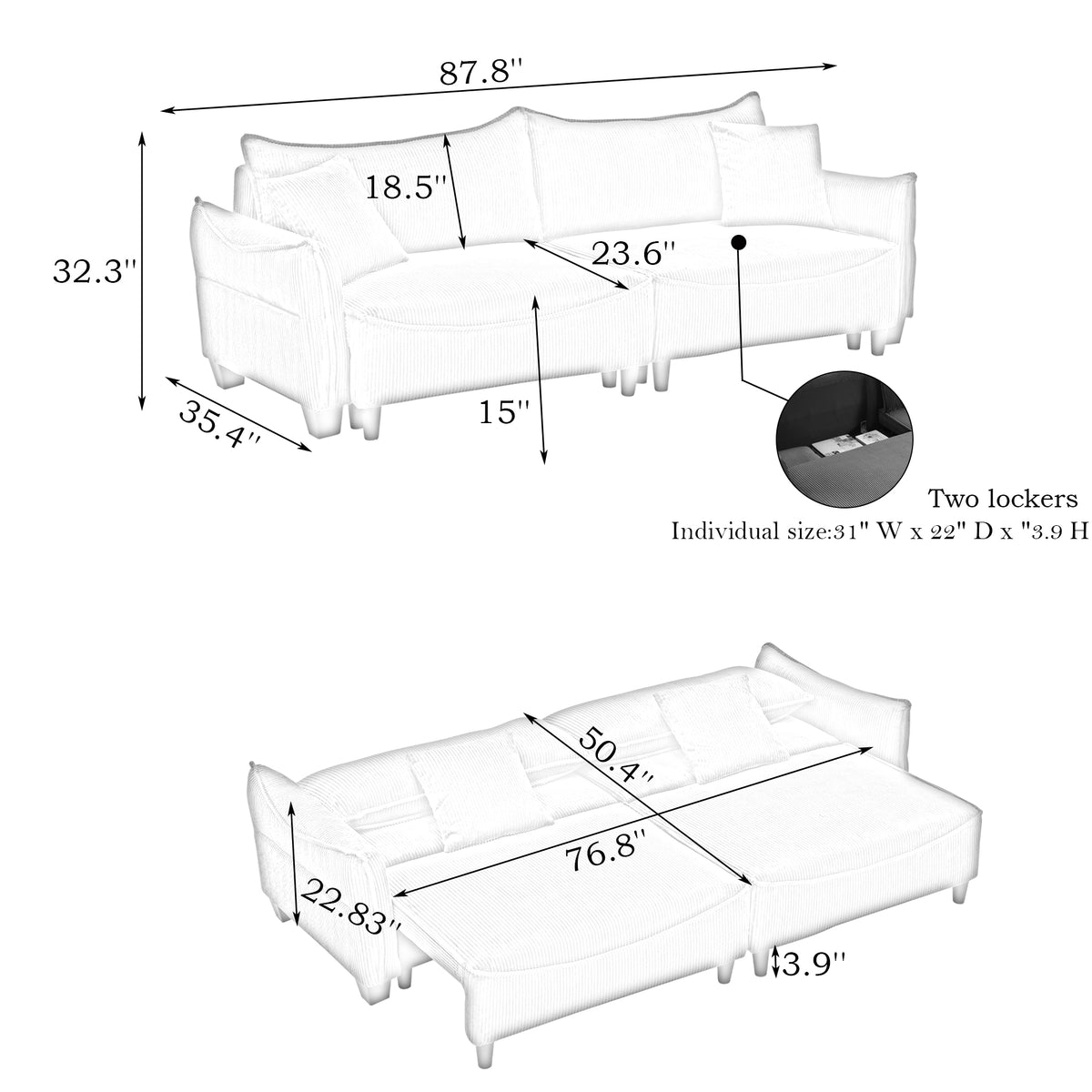 [SantaChoice] Sofa Showcasing Green Corduroy Fabric, Transformable into Sofa Bed with Two Throw Pillows: Ideal for Living Rooms & Diverse Scenes