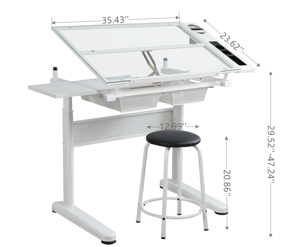 [SantaChoice] hand crank adjustable drafting table drawing desk with 2 metal drawers (white)WITH STOOL