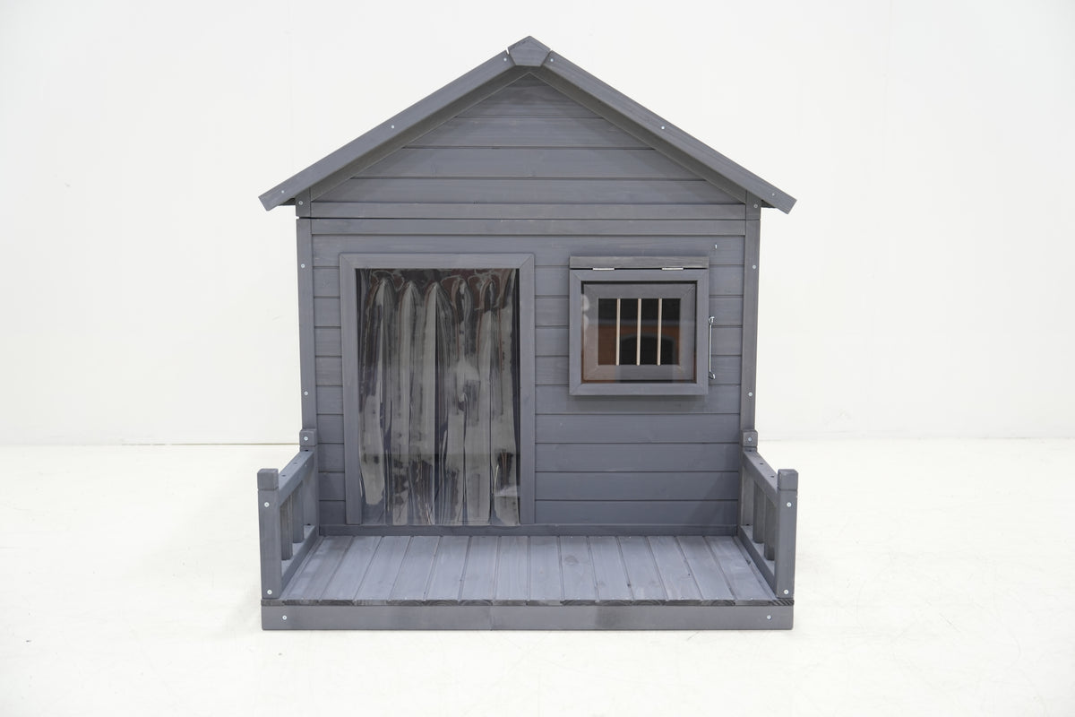 Large dog house, 44.2" long x 44.6" wide x 44.6" high solid wood asphalt roof dog house for large dogs with large terrace, weatherproof large dog house