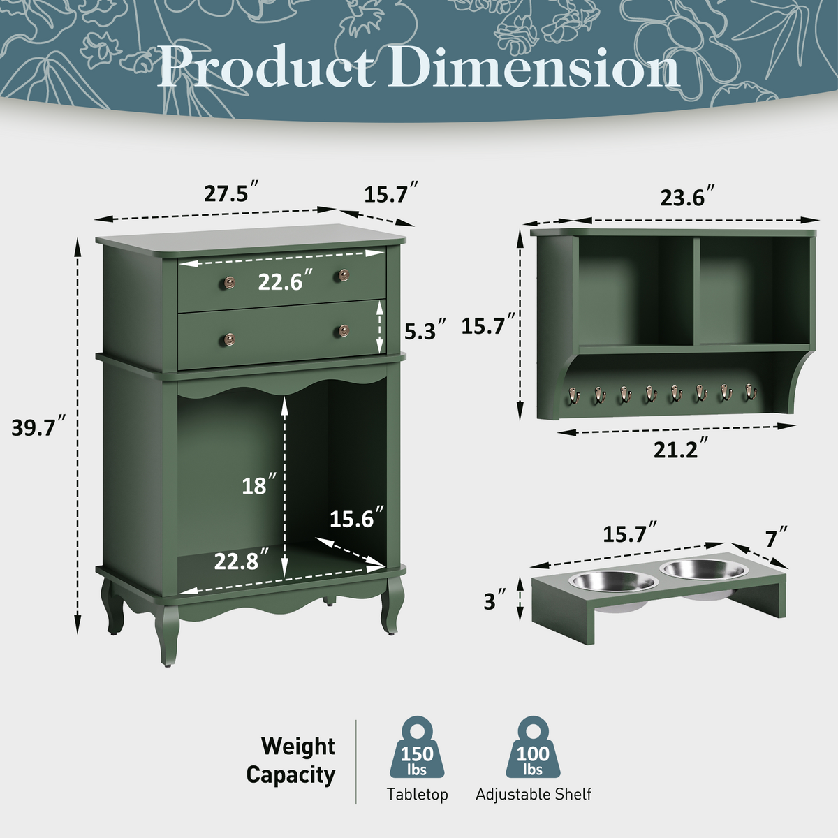 Pet Storage Cabinet with Wall Mounted Cabinet, 2 Drawers and Semi-Open Space, Hidden Cat Litter Box, Multi-Functional End Table-Green