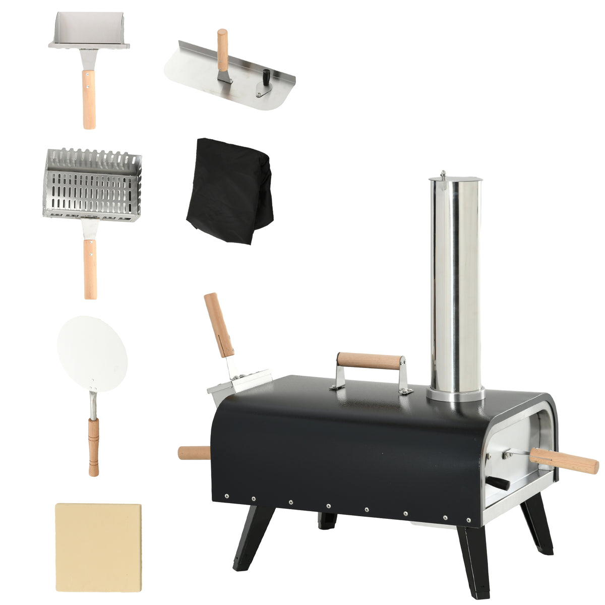 Outsunny Outdoor Pizza Oven with 12' Stone, Peel and Cover, Portable Pellet Wood Fired Pizza Maker with Foldable Legs, Stainless Steel Pizza Grill for Outside, Backyard, Outdoor Kitchen