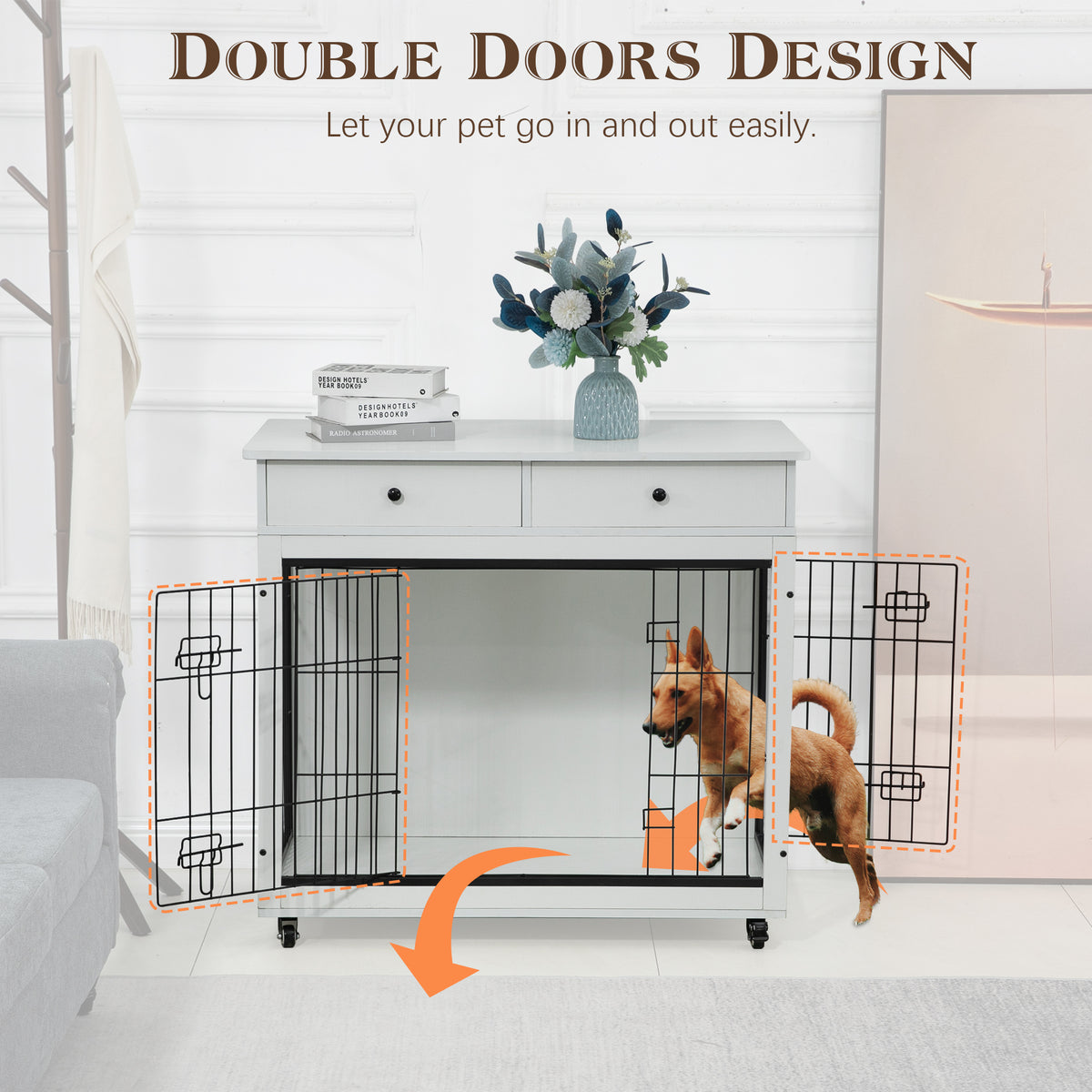 Dog Crate Furniture, Wooden Dog Crate End Table, 38.4 Inch Dog Kennel with 2 Drawers Storage, Heavy Duty Dog Crate, Decorative Pet Crate Dog Cage for Large Indoor Use (White) 38.4" L×23.2" W×35" H