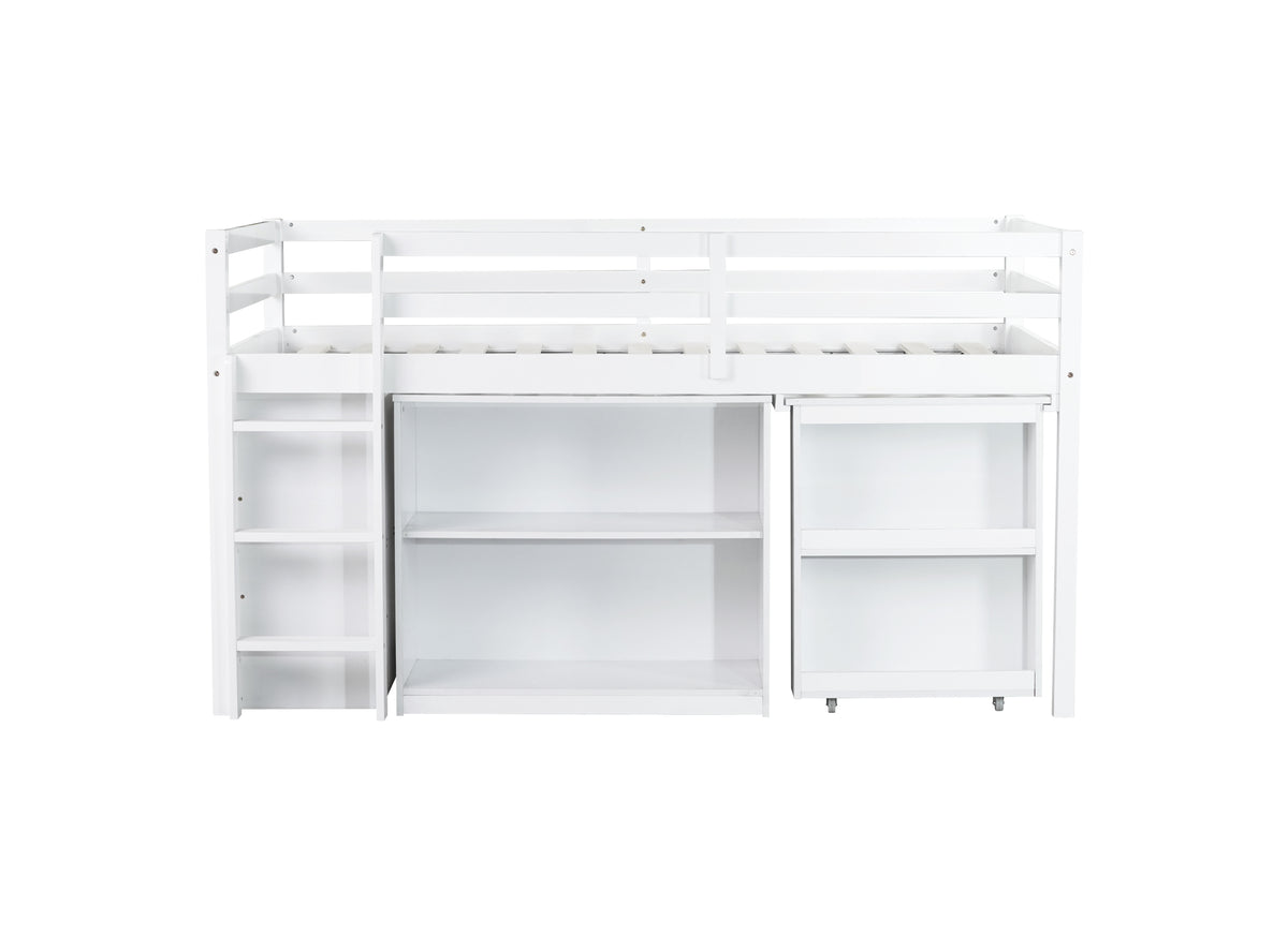 Twin Loft Bed w. stroage case ,drawers,Twin Loft Bed with ,Drawer Cabinet, Shelf Cabinet and Pulling -Out Desk,Rubber Wood Loft Bed with Safety Guardrail ,Ladder,White