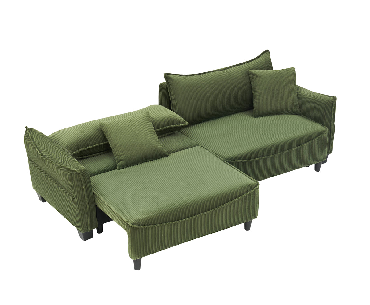 [SantaChoice] Sofa Showcasing Green Corduroy Fabric, Transformable into Sofa Bed with Two Throw Pillows: Ideal for Living Rooms & Diverse Scenes