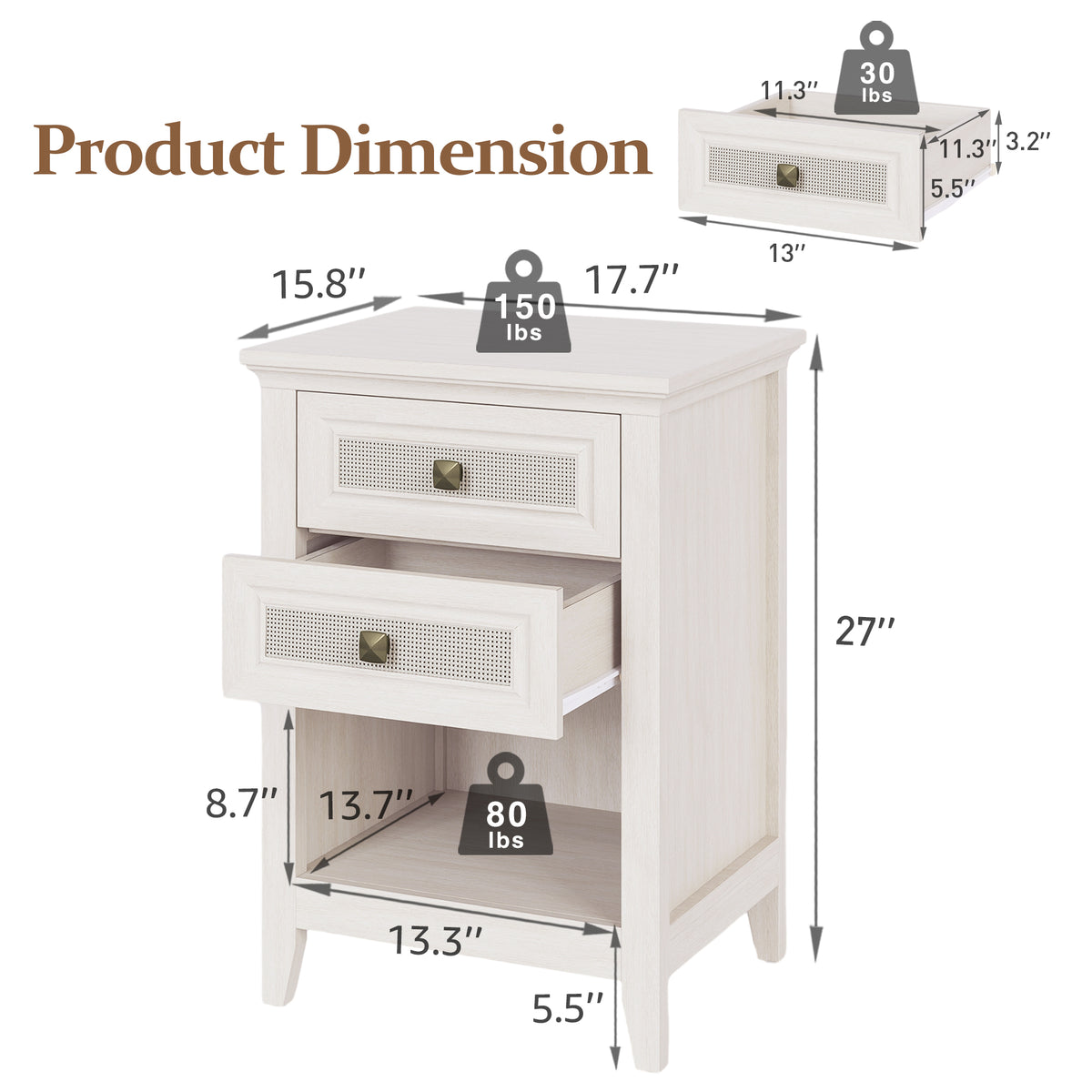 Farmhouse Nightstand, Boho Bedside Table with 2 Rattan Decor Drawers, Accent End Table with Open Storage Shelf