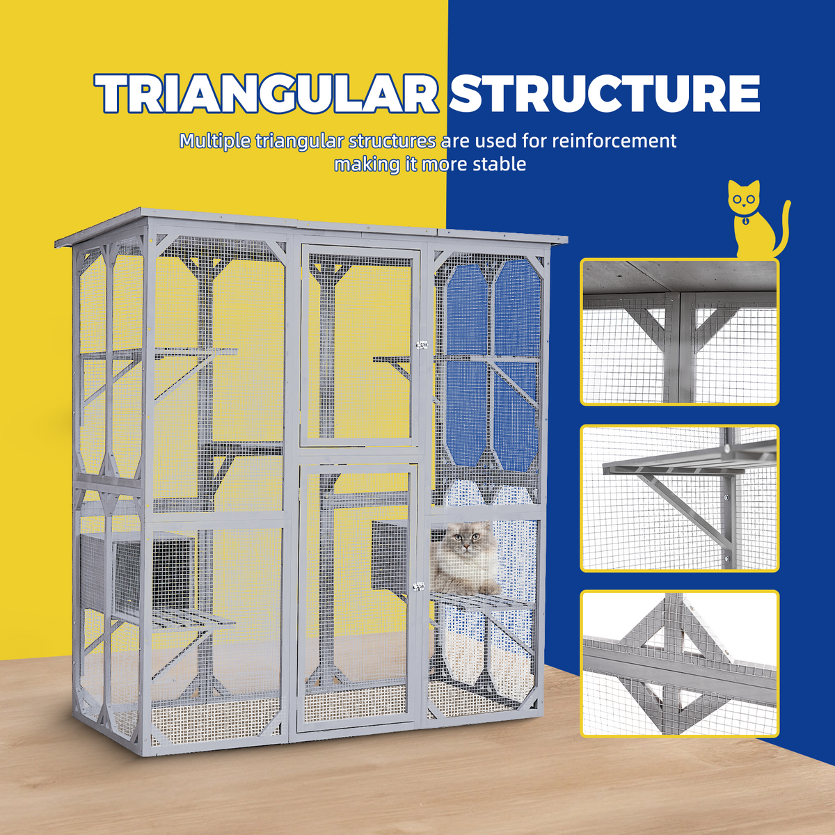 Catio Outdoor Cat Enclosure with Roof 72" Height Cat Wooden House Large Cat Cage with 3 Jumping Platforms and 2 Napping Houses for Cat Activity (Grey)