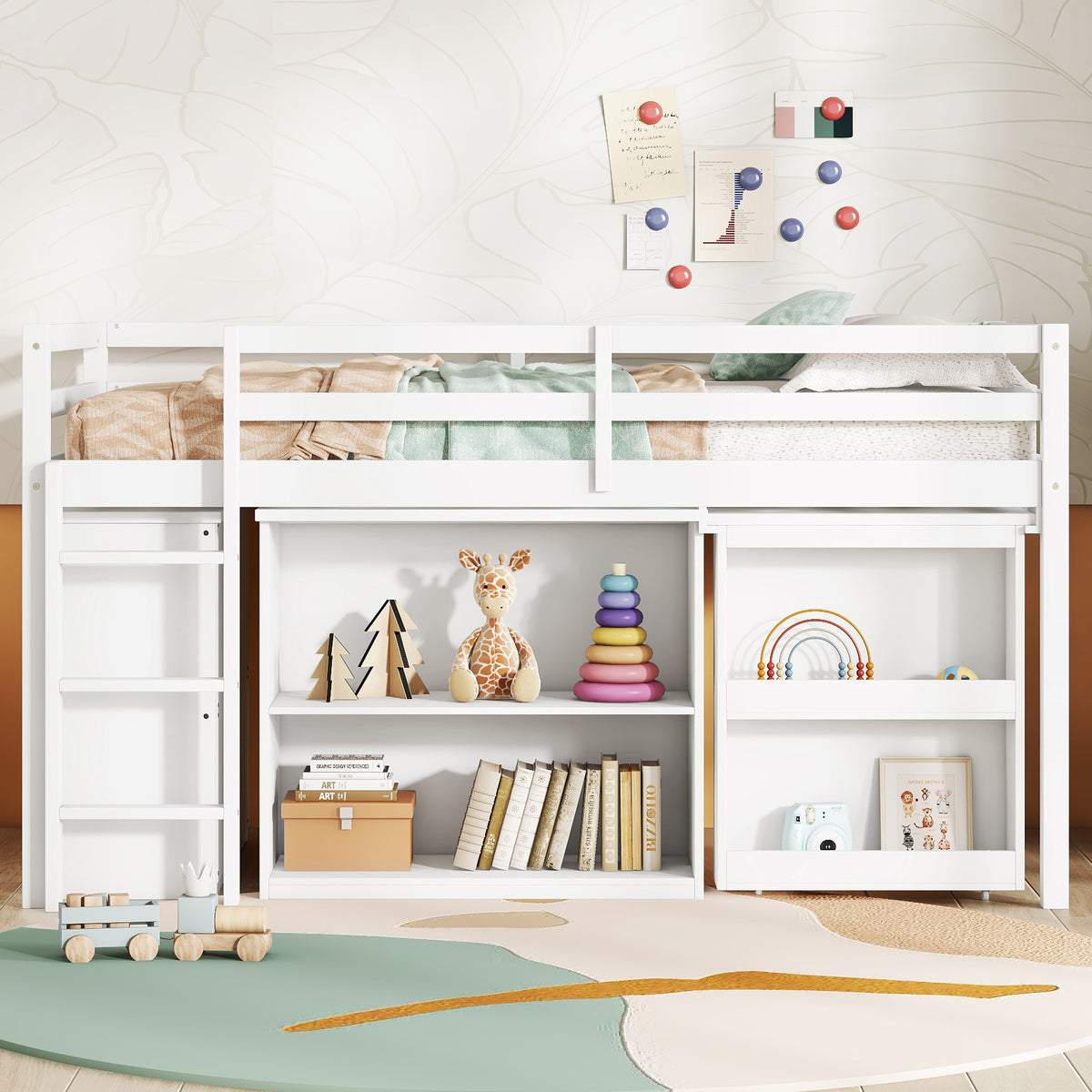 Twin Loft Bed w. stroage case ,drawers,Twin Loft Bed with ,Drawer Cabinet, Shelf Cabinet and Pulling -Out Desk,Rubber Wood Loft Bed with Safety Guardrail ,Ladder,White