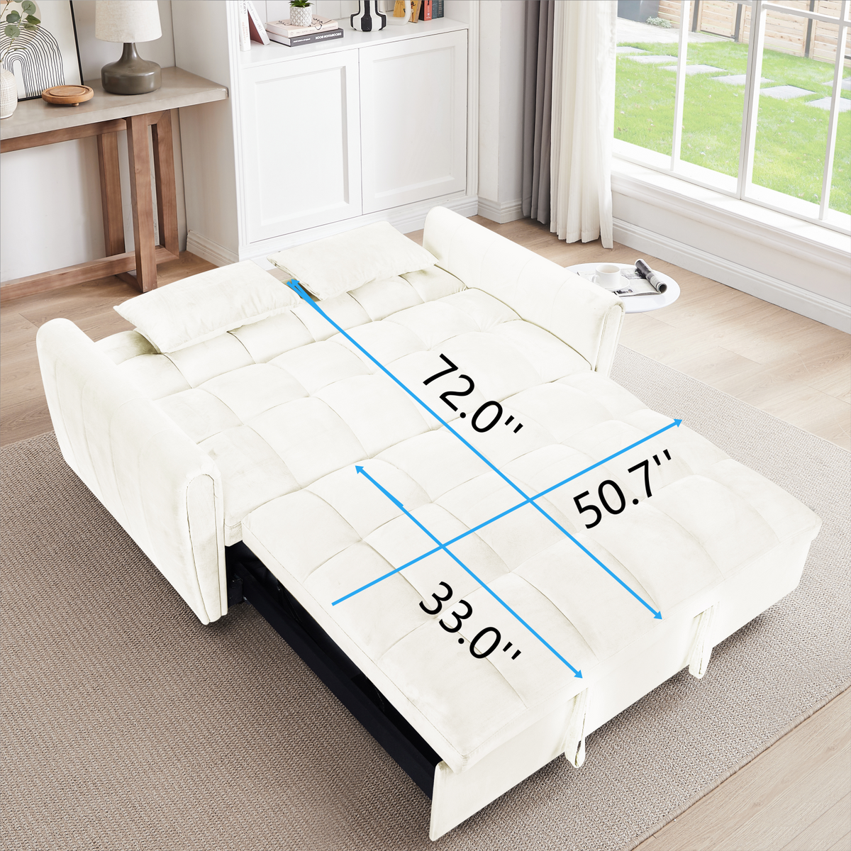 [SantaChoice] 64.9"3-in-1 foldable large size sofa bed, modern velvet double sofa, sofa bed with adjustable back, storage bag and pillow, suitable for living room, bedroom (beige)