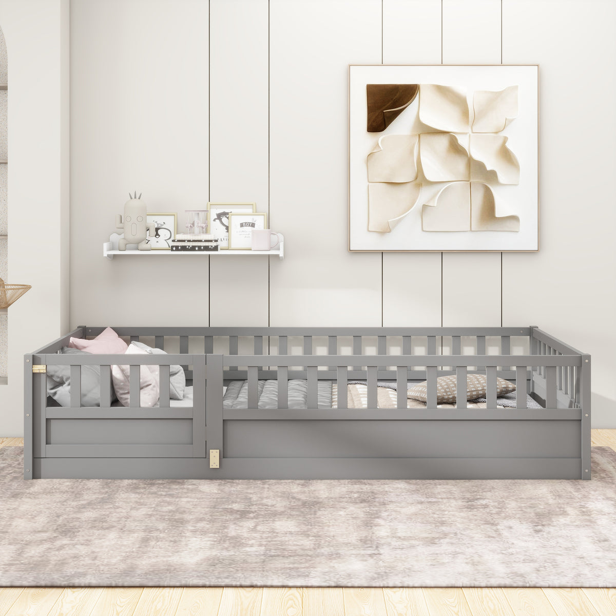Twin Size Floor bed, integral construction with super high security barrier, door, children's floor bed frame, Montessori wooden children's floor bed, Support slat Grey